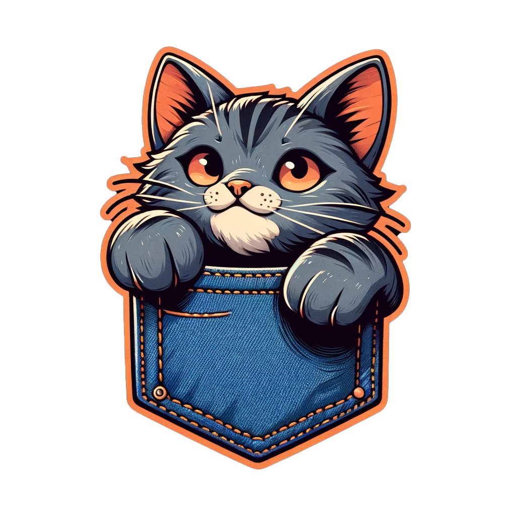 An icon of a grey cat with black stripes popping out of a denim pocket. The pocket has a burnt orange stitched border, and the image has the same burnt orange border